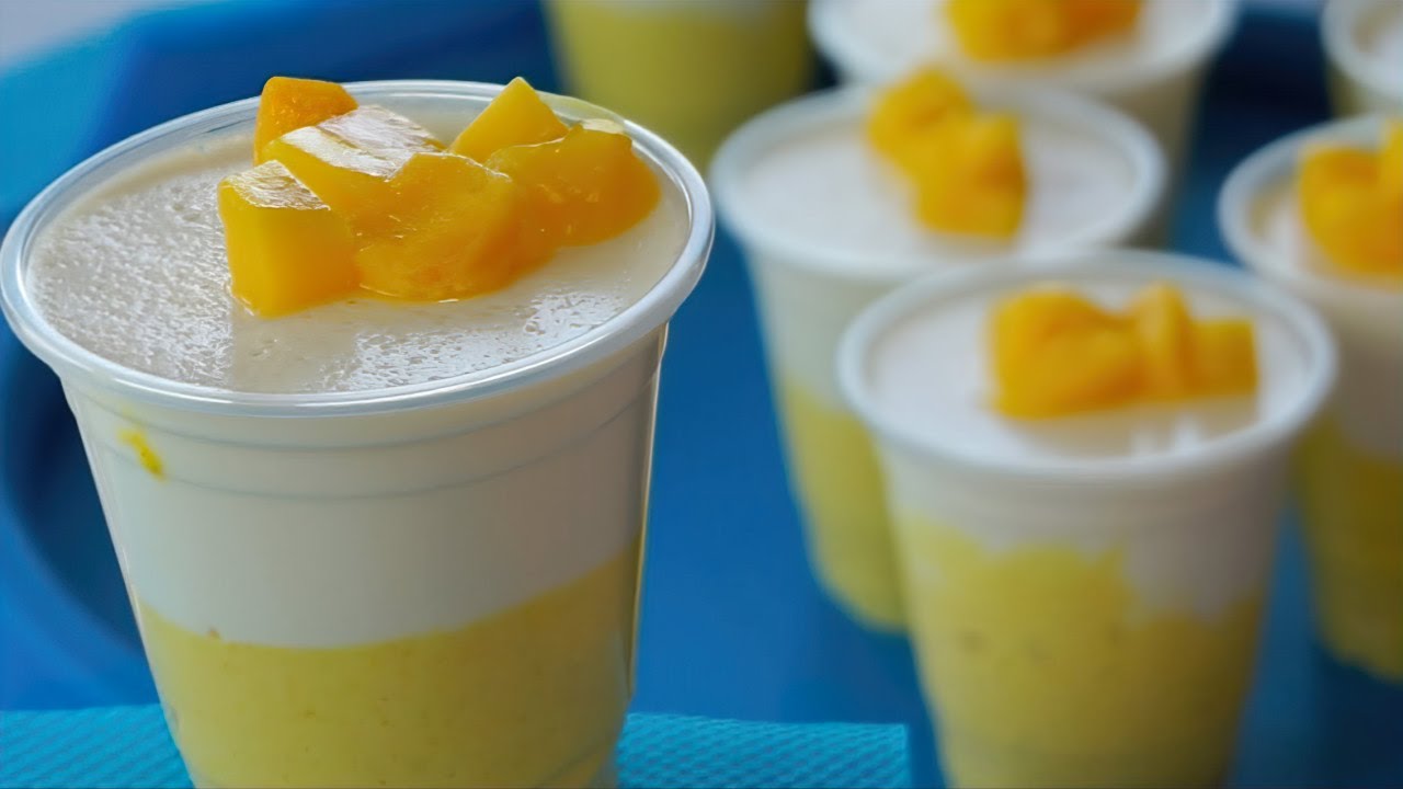 GELATINA de YOGURT con MANGO   receta  postre de gelatina de mango  yogurt  leche condensada